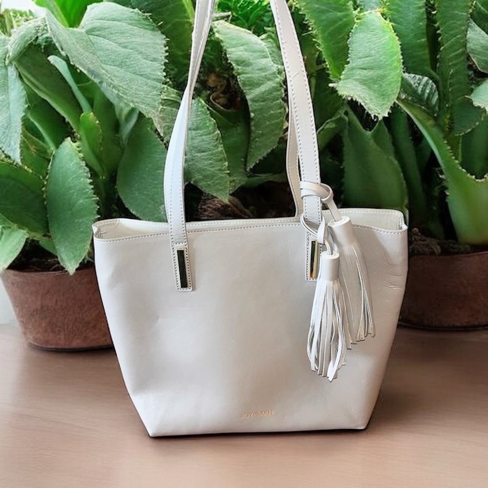 Joy & Iman leather tote shoulder bag in grey khaki with tassel detail and insert